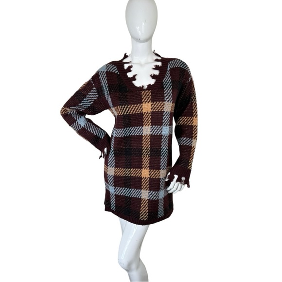 Entro gorgeous burgundy sweater top fringe unique plaid striped lovely pattern M - Picture 13 of 15